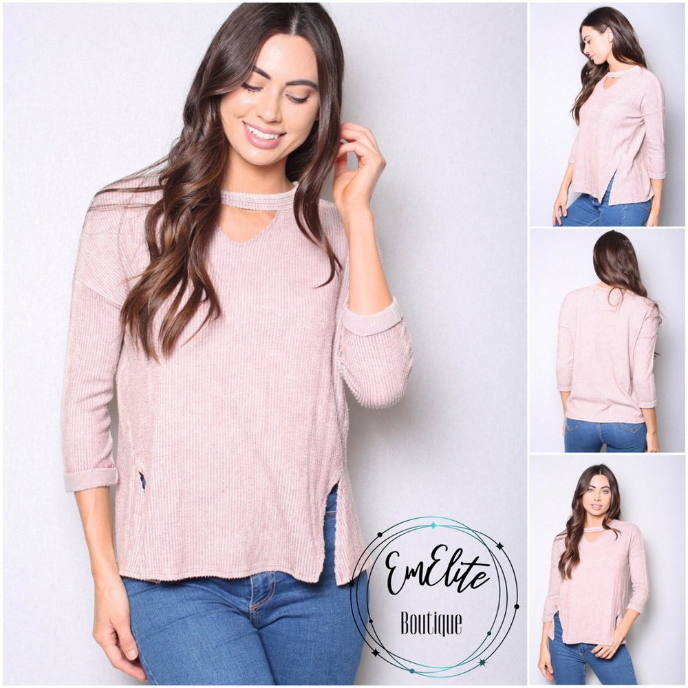 Lazy Sundays Blush Mineral Wash Cut Out 3/4 Sleeve Top